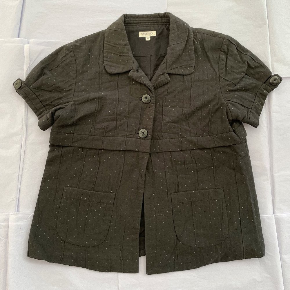 Generra Black Quilted Short Sleeve Jacket Button Front Pockets Size 8